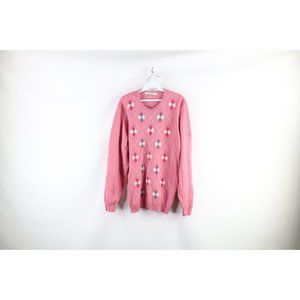 Vintage 90s Streetwear Mens Large Scottish Wool Knit Argyle Diamond Sweater Pink